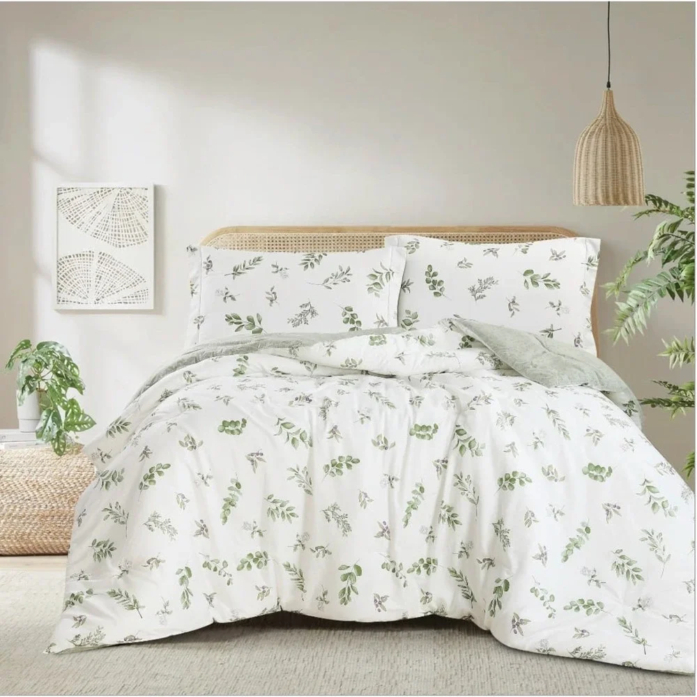 Annari Green Floral 100% Cotton Reversible Comforter Set Queen 3 Piece